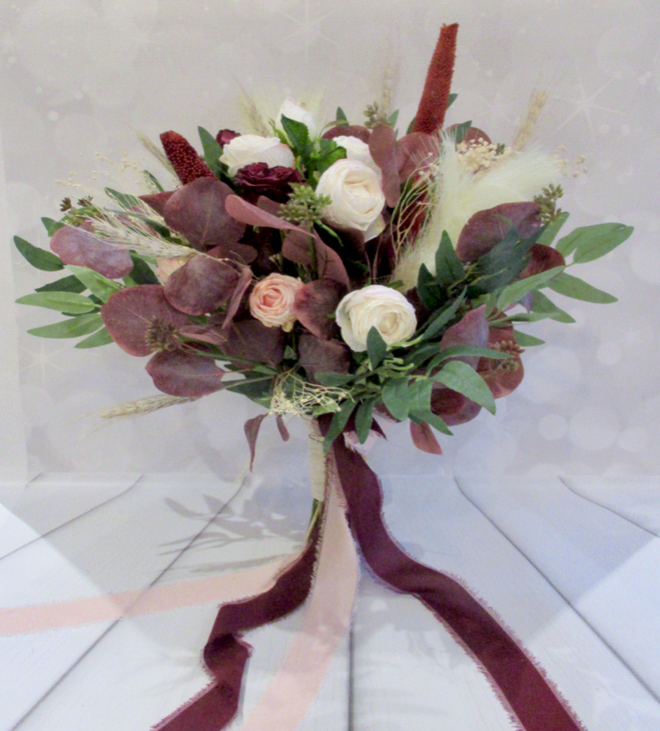 boho inspired dusty wine and blush wedding flowers